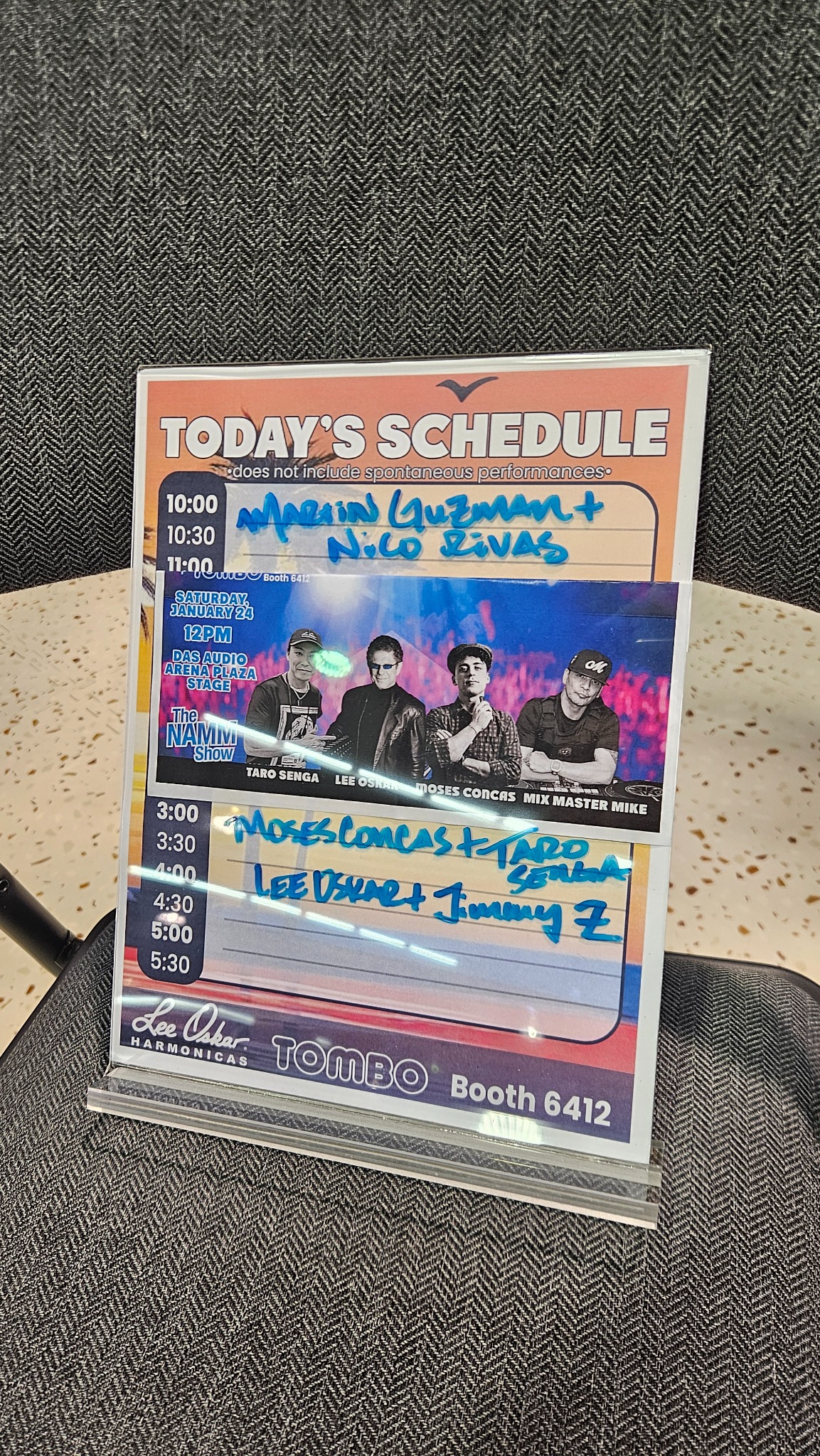 Lee Oskar Harmonicas NAMM 2026 booth schedule listing Nicolás Rivas and Martín Guzmán